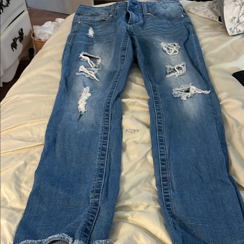 Seven7 Blue Straight Leg Jeans with Distressed Details